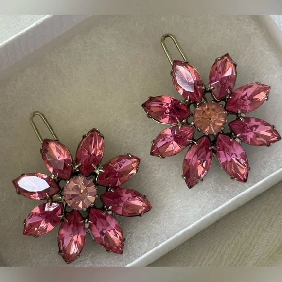 🌸 Tarina Tarantino Pink Swarovski Flower Hair Clips – Set of 2 - Picture 1 of 7